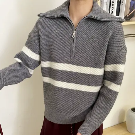 25295新款翻领条纹针织上衣女厚款秋针织衫半拉链套头百搭通勤商品大图