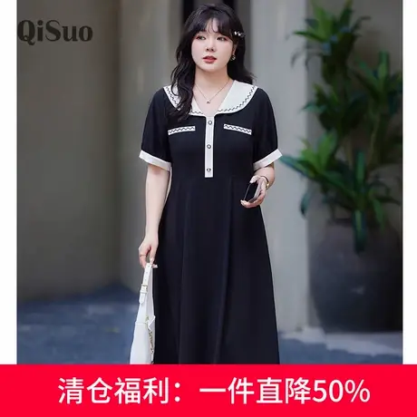 绮娑大码女装海军风减龄连衣裙夏季新款收腰显瘦胖妹妹长款小黑裙图片