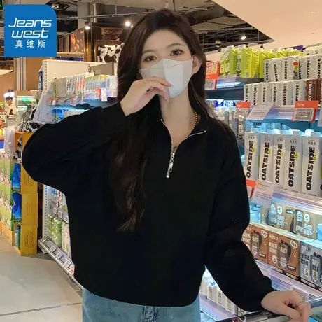 KWV真维斯纯色简约翻领卫衣2024新款爆款Polo领美版早秋长袖外套商品大图