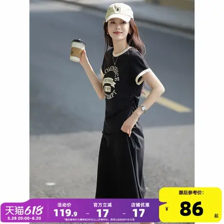 唐狮2025新款女圆领撞边开叉收腰短袖连衣裙显瘦气质休闲时尚dmn商品大图