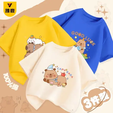 雅鹿男童短袖T恤2025夏季新款印花上衣纯棉体恤中小童打底体恤衫商品大图