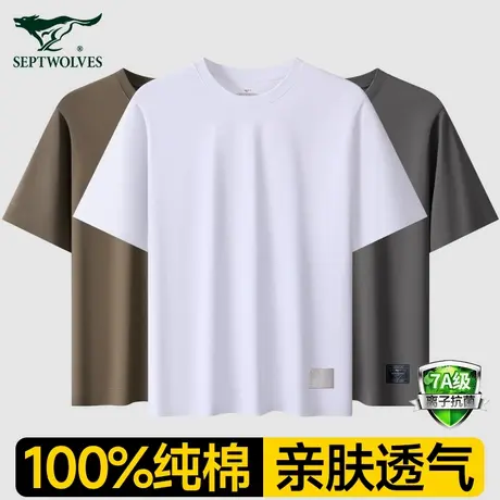 七匹狼男士短袖t恤100%纯棉运动高端新款青少年打底白色T圆领上衣商品大图