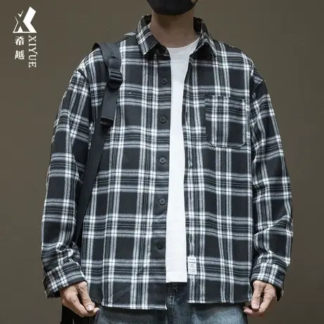 希越日系复古格子长袖衬衫男2023秋季新款宽松大码休闲风衬衣外套图片