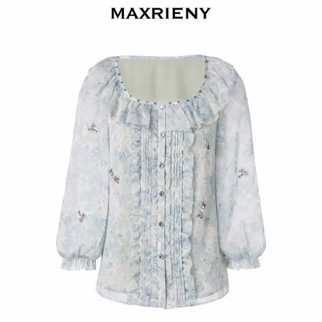 【奥莱】MAXRIENY精致浪漫钉珠荷叶边雪纺衫上衣女图片