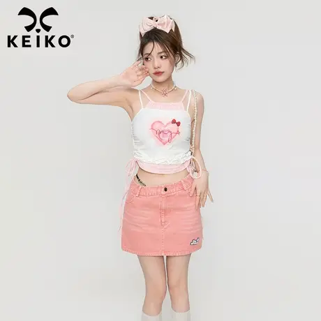 甜酷风爱心印花吊带女2023夏季辣妹显瘦修身小众无袖短款背心上衣图片