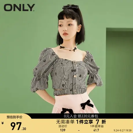 ONLY奥莱春夏U领格纹心形印花泡泡袖短雪纺衫女图片