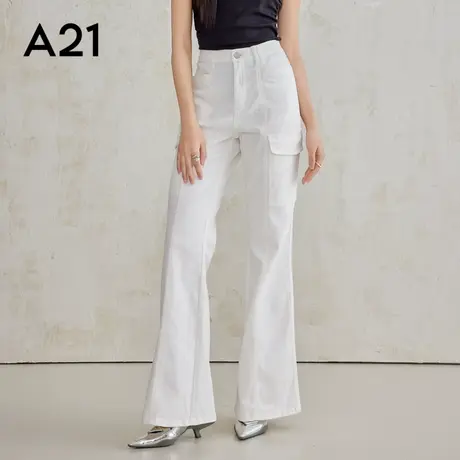 A21女装高腰长梭织裤美式复古白色微喇叭阔腿裤多口袋设计长裤子商品大图