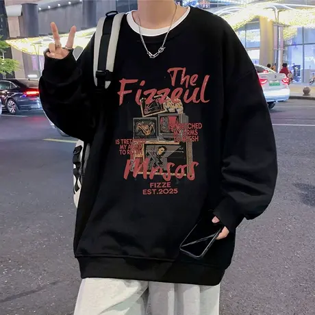 美式复古圆领卫衣男春秋新款卡通印花长袖潮牌宽松情侣休闲上衣服商品大图