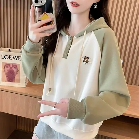 连帽卫衣女2024新款春秋韩版宽松薄款撞色百搭学生短款小个子外套商品大图