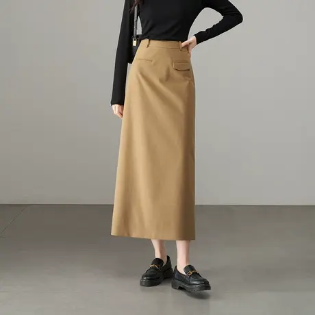 娅丽达休闲高腰仿毛呢半身裙女2025秋季新款裙子直筒裙修身长裙图片