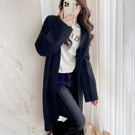唐狮极简文艺氛围中长款开衫外套女2024新款秋冬黑色百搭毛衣qd图片
