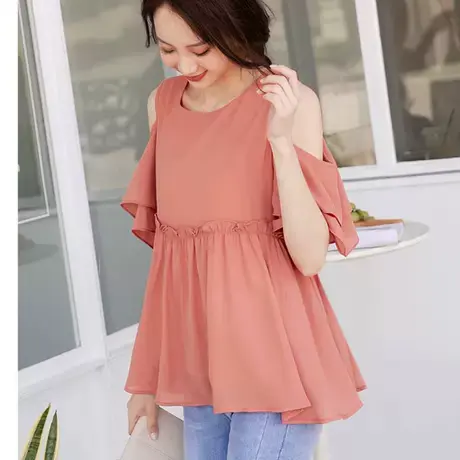 桔熊夏季韩版双层荷叶袖垂坠感飘逸露肩雪纺衫上衣女大码AB15208商品大图