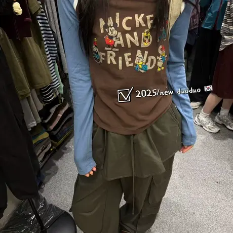 圆领字母图案插肩袖拼色长袖T恤女2025秋季新款百搭打底衫上衣潮商品大图