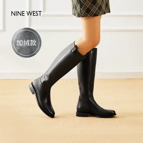 Nine West/玖熙平底骑士靴女秋冬加绒黑色显瘦长筒靴不过膝真皮商品大图