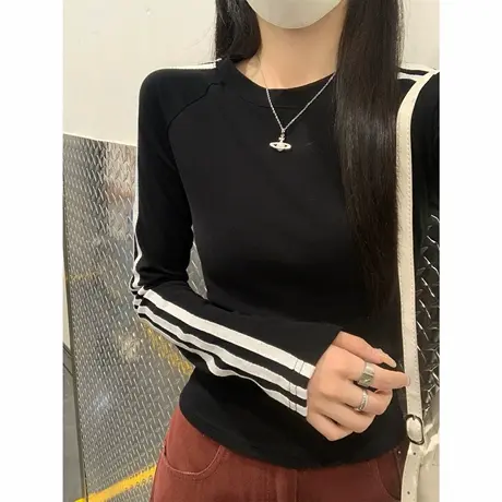 美式辣妹条纹白色长袖T恤女秋季2025撞色修身插肩内搭打底衫上衣商品大图