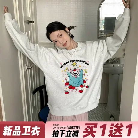 2025秋季新款花灰色卫衣女韩系慵懒风卡通印花宽松休闲百搭上衣潮商品大图