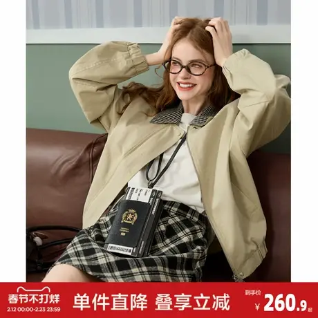 唐狮2026春秋季新款女翻领短款外套宽松卡其色拉链通勤风拼接休闲商品大图