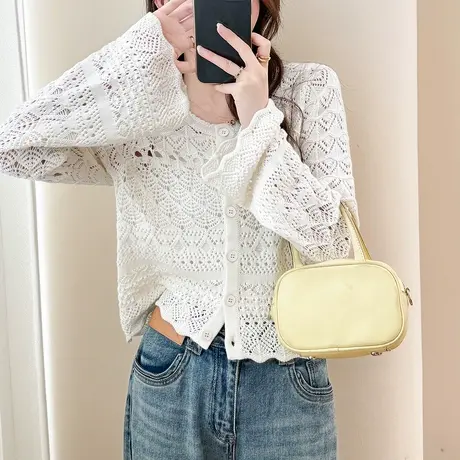 唐狮秋季毛线衫女温柔风镂空圆领针织开衫春秋红色费尔岛外套TD图片