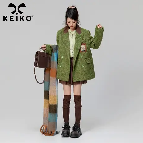 KEIKO 复古西装领羊毛呢外套2023秋冬英伦风小个子长毛绒呢子大衣商品大图