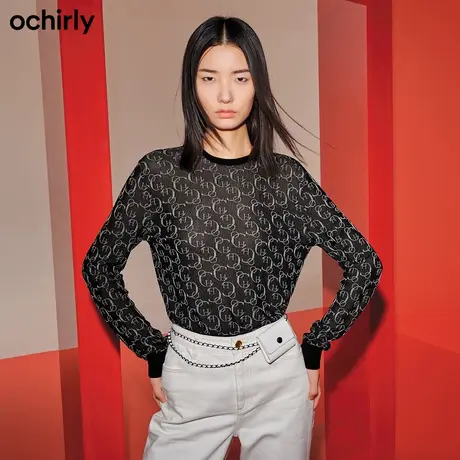 ochirly欧时力秋冬新品logo老花短款打底套头针织衫女1NC303866F商品大图
