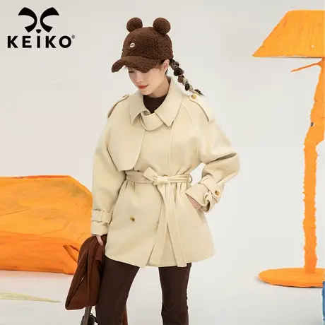 高端杏色双面羊绒大衣女短款2022冬季赫本风羊毛呢系带外套小个子商品大图