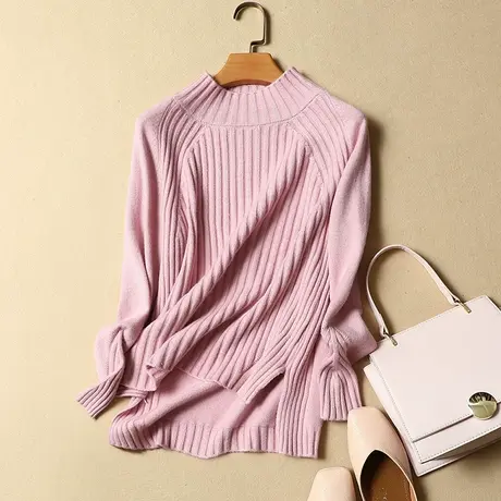 秋冬新款女装圆领长袖针织打底衫女士短款毛衣女套头宽松下摆开叉商品大图