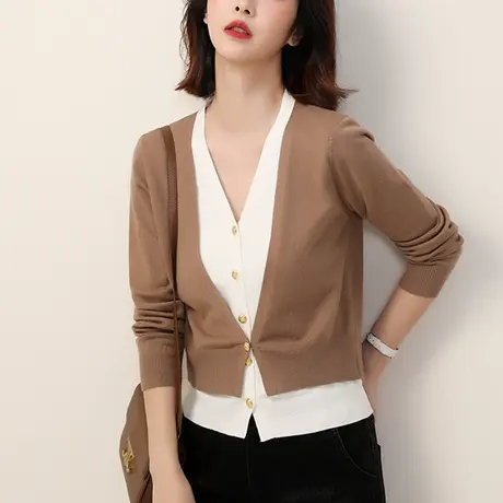 新品8.5折】高级感假两件设计感V领针织衫长袖百搭毛衣女图片