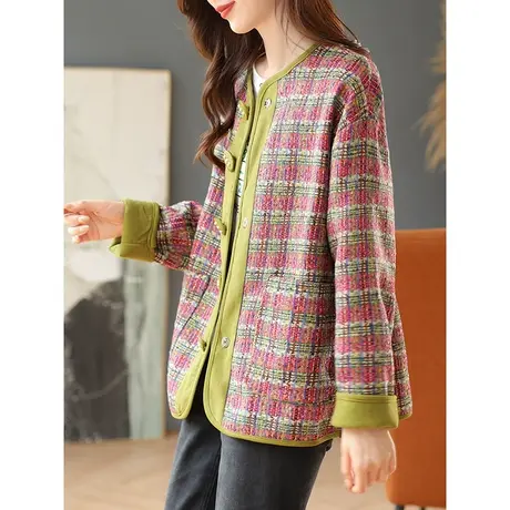 宝诗黎2023秋季新款圆领拼接小香风格子宽松外套女士时尚气质上衣商品大图