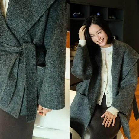 23秋冬新款女装法式复古澳毛骆驼绒系带大翻领女士大衣外套女商品大图