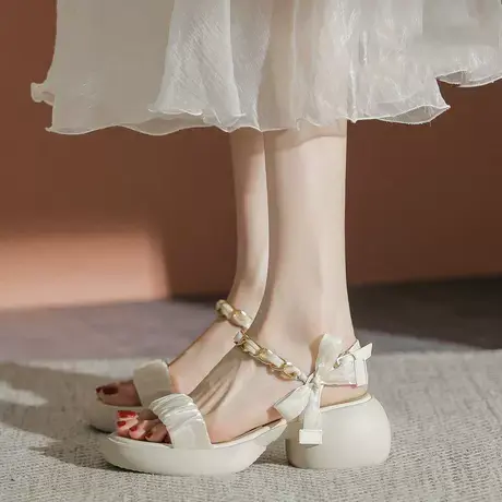 凉鞋女2023年夏季新款轻便露趾厚底增高配裙子休闲高跟粗跟女鞋子商品大图