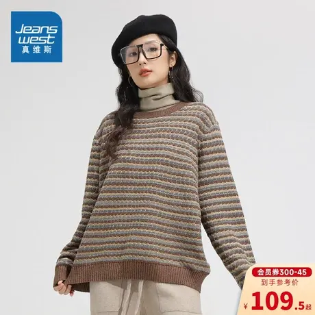 GA真维斯2023年冬季新款女装圆领长袖特织提花毛衣套头休闲舒适商品大图