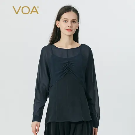 VOA青石蓝40姆米重磅真丝吊带乔其丝绸圆领长袖罩衫两件套蚕丝T恤图片