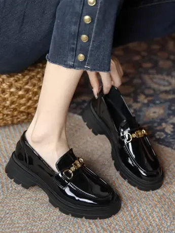 真皮乐福鞋女2023年新款秋冬季黑色英伦风小皮鞋休闲厚底粗跟单鞋商品大图