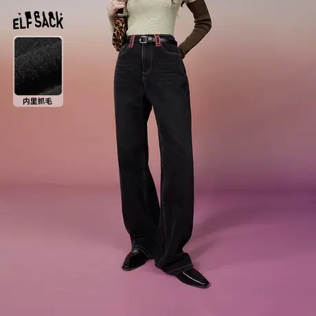妖精的口袋黑色高腰直筒牛仔裤女2023冬季新款小个子宽松显瘦长裤商品大图