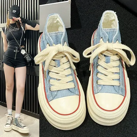 超火高帮帆布鞋女子2023夏季新款做旧超火透气厚底增高休闲板鞋潮图片