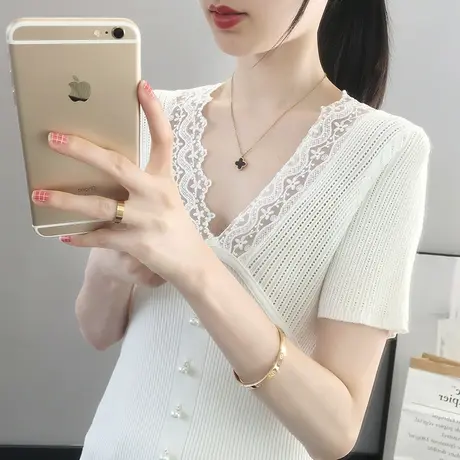 夏装2023新款女短袖设计感女小众针织蕾丝上衣白色t恤打底衫内搭商品大图