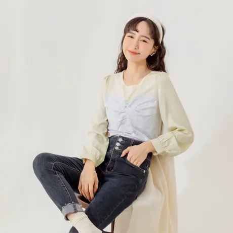 桔熊春秋季韩版假两件套上衣女扭结合身打底衫胖妹妹大码AB16218图片