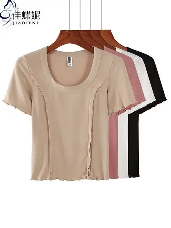 夏季新款韩版纯棉修身U领短款荷叶边短袖上衣内搭女装T恤显瘦高腰商品大图