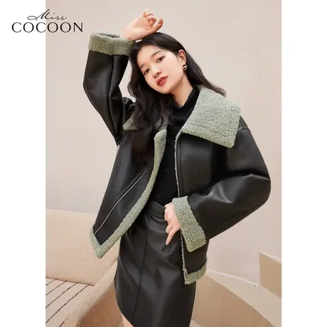 missCOCOON黑色外套女女2022新款冬装复古时尚短款皮衣仿皮草外套商品大图