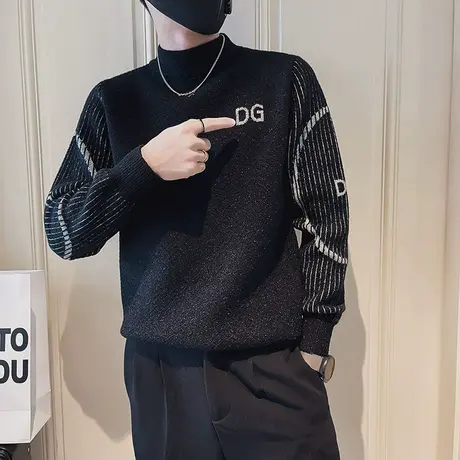 秋冬男毛衣针织衫打底衫线衣修身套头条纹袖潮牌长袖潮流圆领体恤商品大图