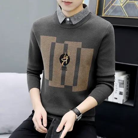 长袖t恤男士秋季针织假两件套潮流衬衫领毛衣冬装加绒保暖打底衫商品大图