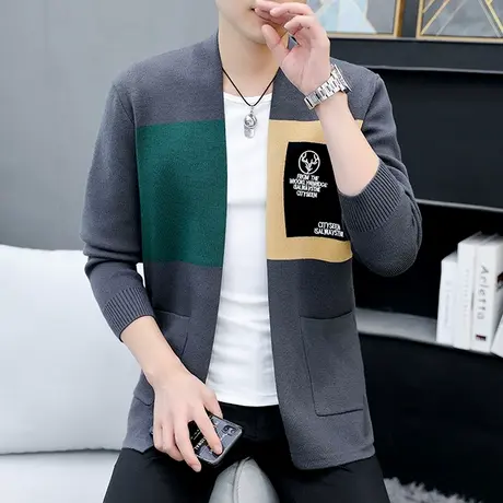 开衫毛衣男潮牌撞色创意针织外搭口袋上衣春秋季拼接时尚线衣外套商品大图