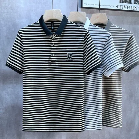 夏季男款衬衫领保罗条纹短袖T恤有带领青年潮牌Polo衫翻领体恤商品大图
