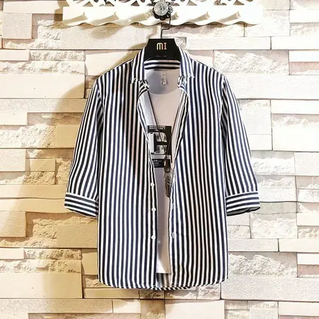 短袖衬衫男春夏韩版潮流条纹七分袖衬衣男装时尚休闲五分中袖寸衫图片