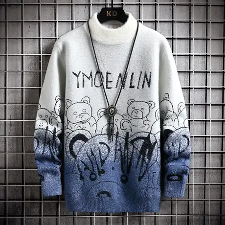 水貂绒毛衣男加厚秋冬季渐变卡通针织打底衫男生毛线衣内搭毛衫潮商品大图