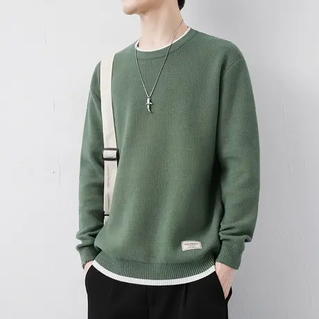 绿色毛衣男秋冬季潮牌纯色圆领线衣保暖打底衫男生冬装男士针织衫商品大图