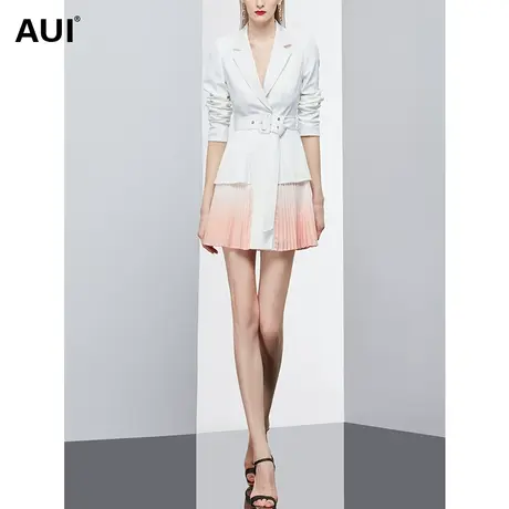 AUI白色设计感百褶西装外套女春秋2023年新款轻熟风气质收腰西服图片