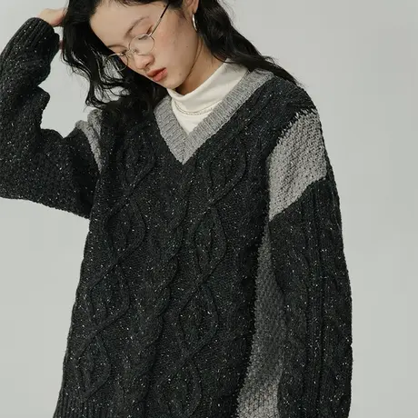 omont蛋挞家V领杂点绞花毛衣女秋冬2023新款复古宽松拼色针织上衣商品大图