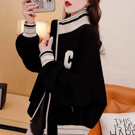 慵懒风短款卫衣开衫女2024新款春季宽松休闲百搭设计感棒球服外套图片