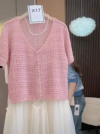 短袖针织开衫女宽松透气薄款镂空冰丝T恤洋气设计感镂空小衫上衣商品大图